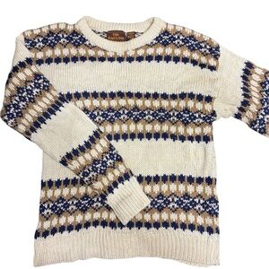 Vintage Cozy Knit Patterned Sweater - Cream, Blue, and Brown